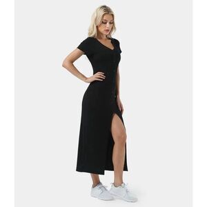 Halara Ribbed Knit V Neck Button Split Midi Chill Dress